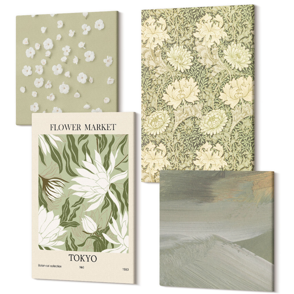 Sada obrazů na zeď kvadryptych Rostlinné vzory a abstrakce ve stylu boho