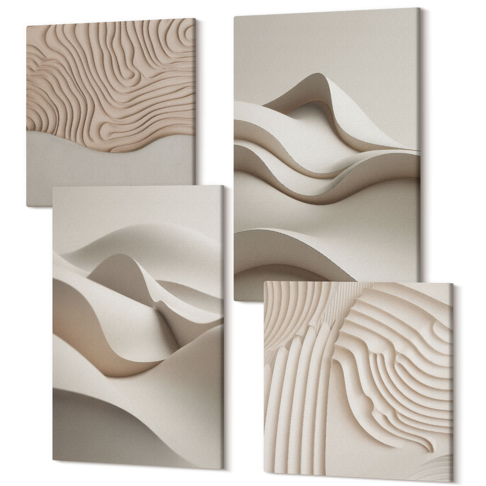 Sada obrazů kvadryptych Abstraktní vlny a struktury v odstínech béžové