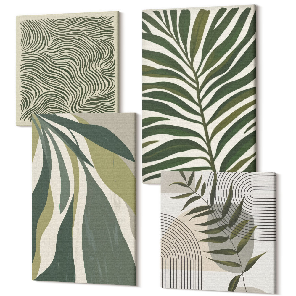 Sada 4 obrazů Vzory listů a vlnovky v pastelových ilustracích