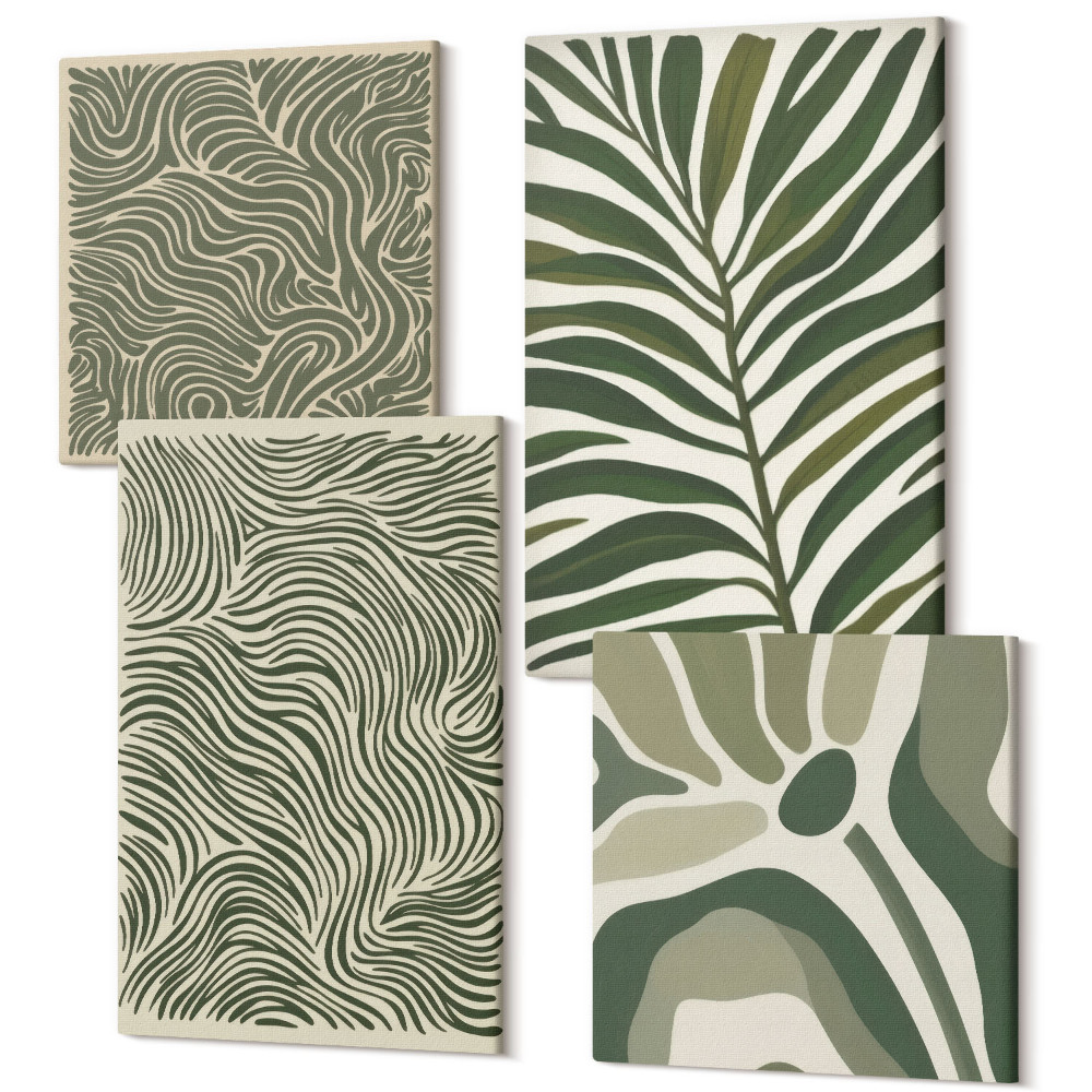 Sada obrazů na zeď kvadryptych Abstraktní vzory s listy a zvlněné tvary