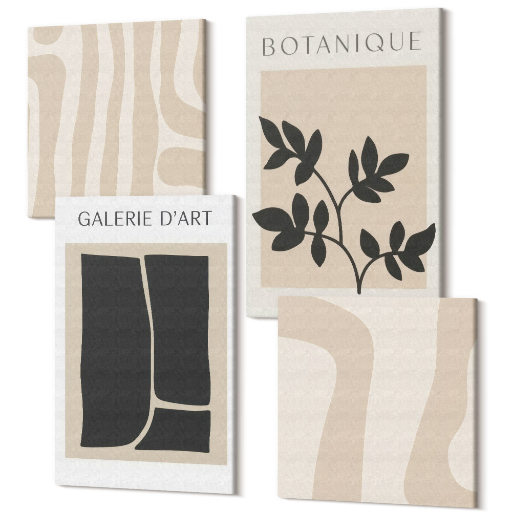 Sada 4 obrazů Abstraktní tvary a rostlinné motivy v neutrálních tónech