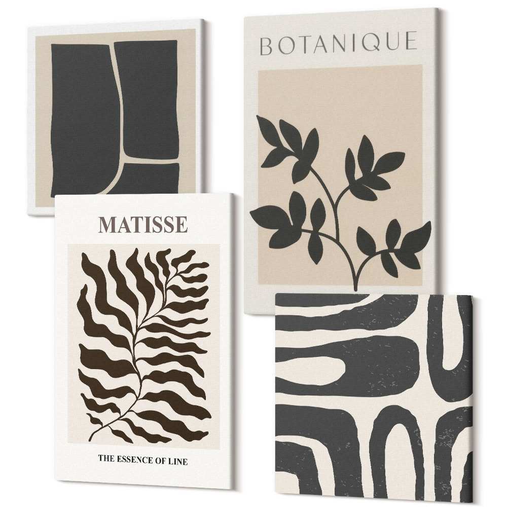 Sada obrazů na zeď kvadryptych Minimalistické plakáty s rostlinnými vzory a abstrakcemi