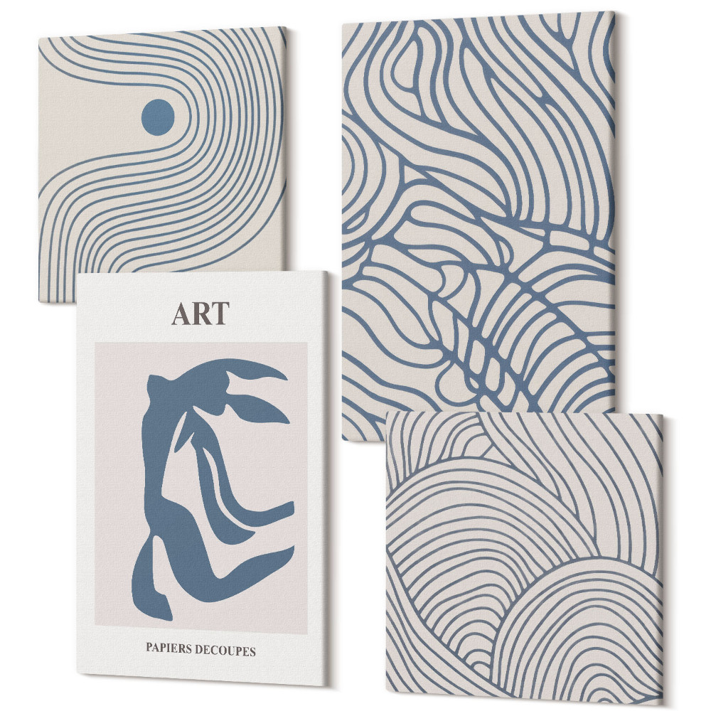 Sada 4 obrazů Abstraktní linie v odstínech modré a béžové