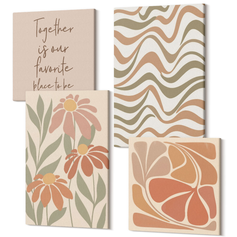 Sada obrazů kvadryptych Pastelové květiny a abstraktní vzory