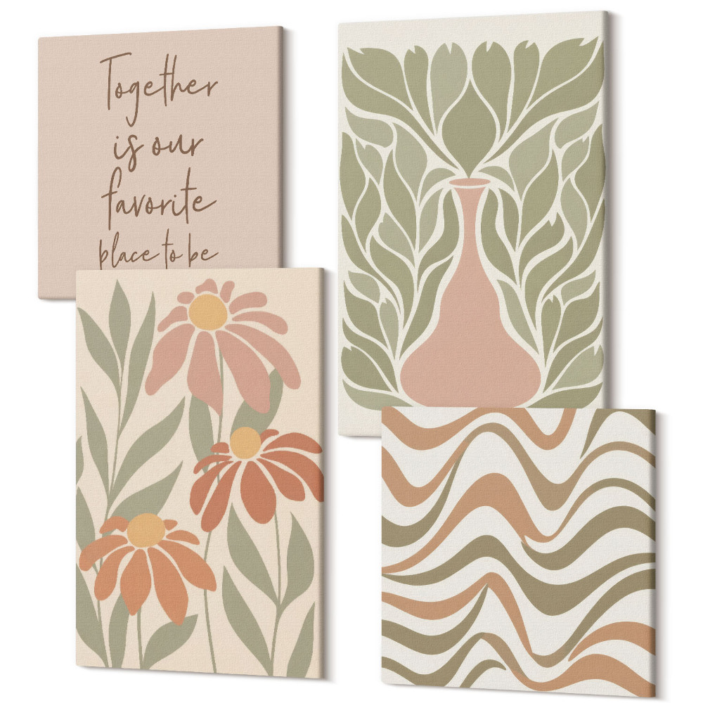 Sada obrazů na zeď kvadryptych Pastelové květinové ilustrace abstraktní nápis