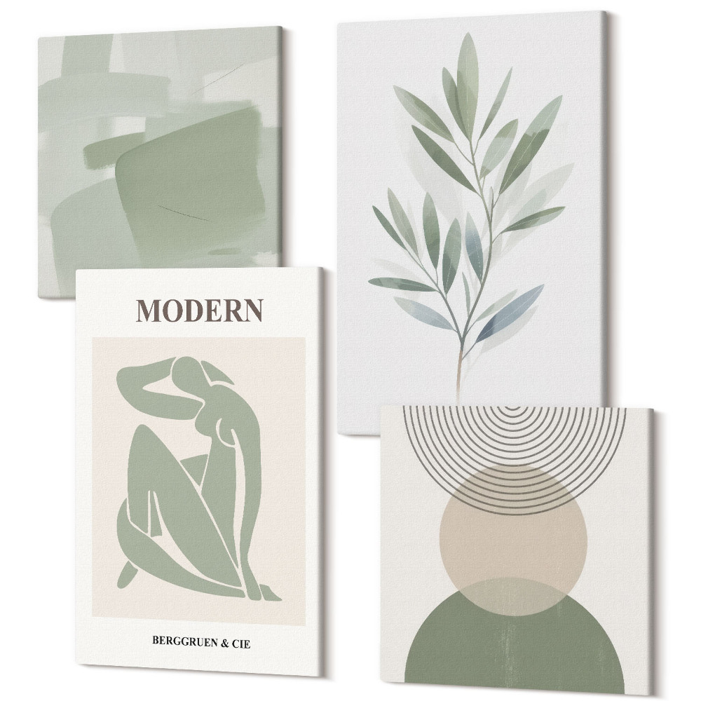 Sada obrazů na zeď kvadryptych Stylová grafika s abstraktními tvary a rostlinami