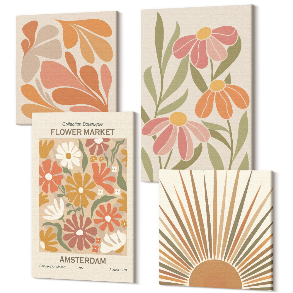 Sada obrazů kvadryptych Květiny v pastelových barvách se slunečními paprsky