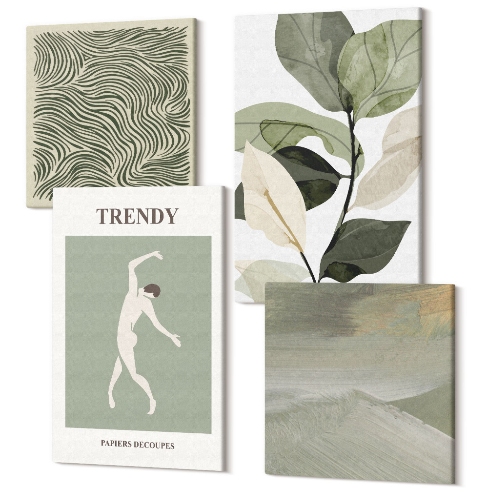 Sada 4 obrazů Rostlinné vzory se siluetami a abstraktními formami
