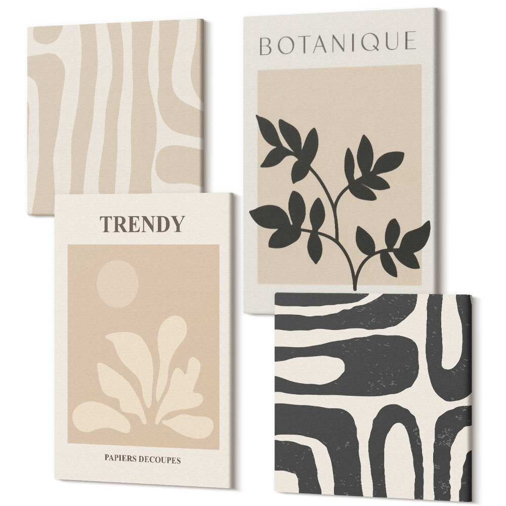 Sada 4 obrazů Stylové rostlinné vzory v odstínech béžové a černé