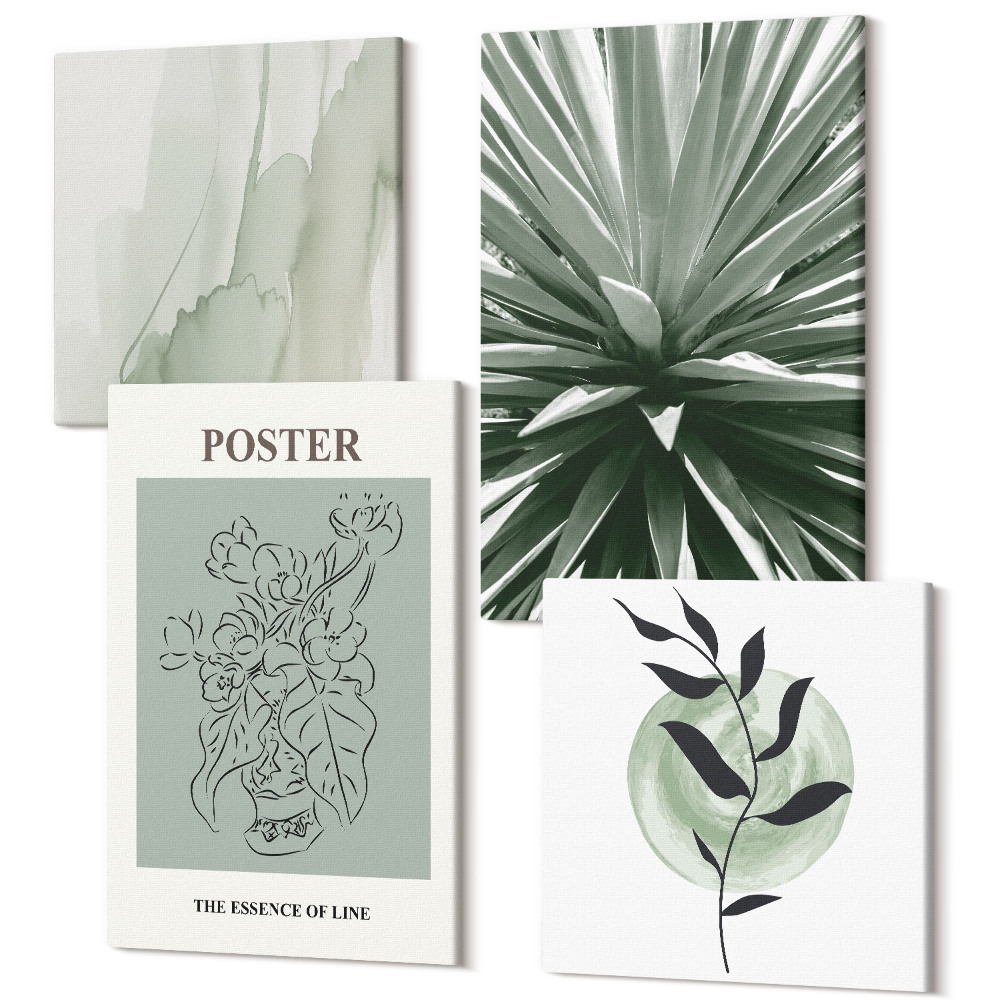 Sada 4 obrazů Rostlinné vzory v odstínech zelené a béžové