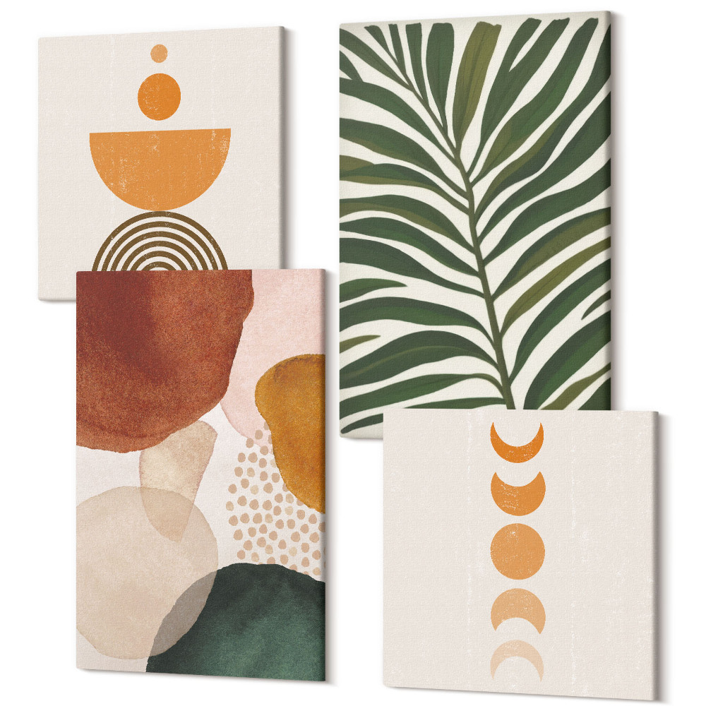 Sada obrazů kvadryptych Abstraktní tvary v teplých barvách a listech