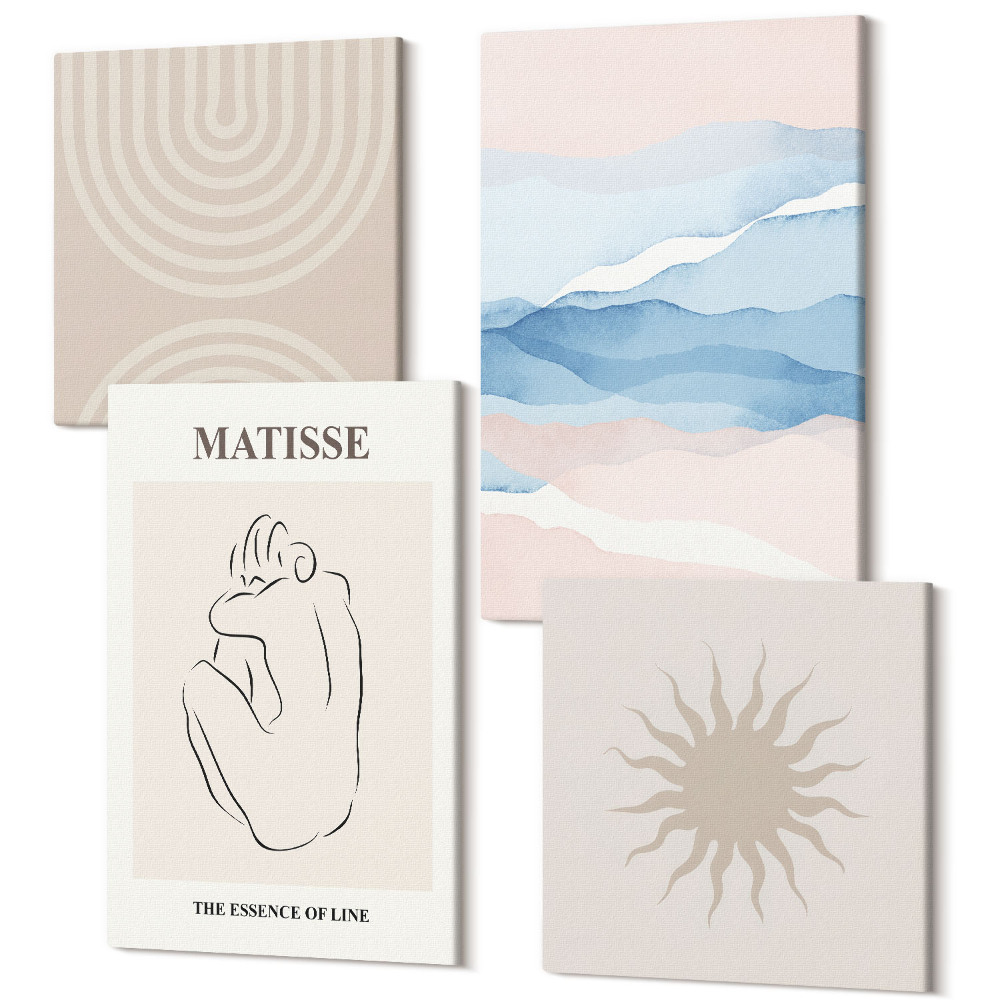 Sada 4 obrazů Linky a vlny v pastelových odstínech s minimalistickým akcentem