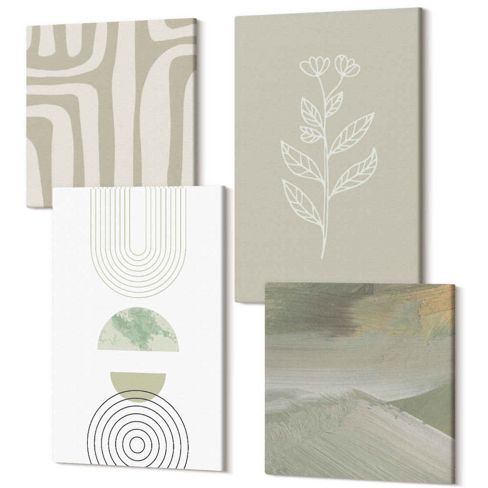Sada 4 obrazů Geometrické vzory s rostlinnými akcenty v odstínech zelené