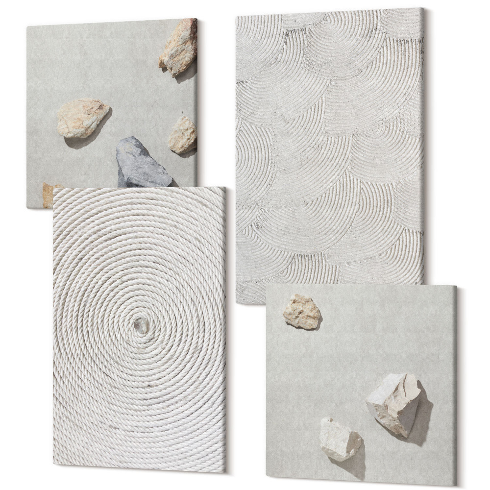 Sada obrazů kvadryptych Geometrický karton a kameny na písku moderní vzory