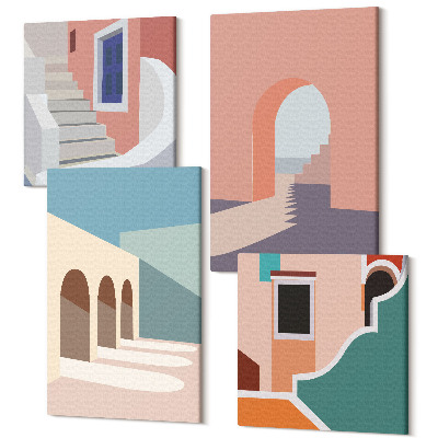 Sada 4 obrazů Pastelově minimalistická grafika městské architektury