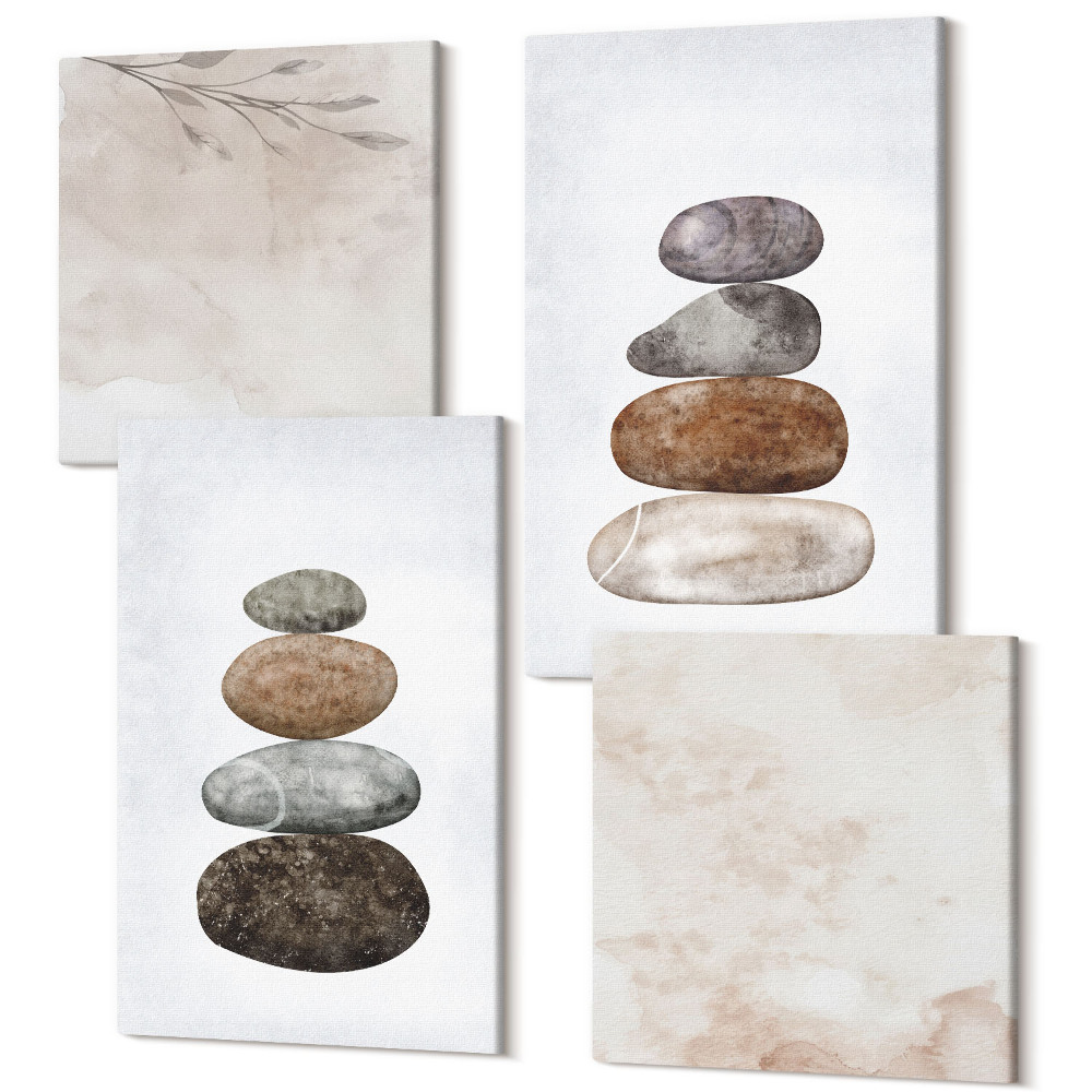 Sada 4 obrazů Stohy kamenů minimalistická boho malba