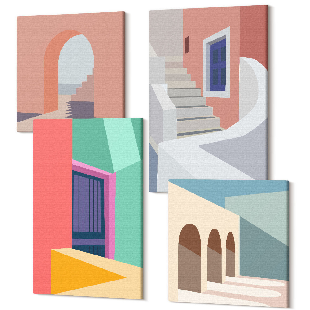 Sada obrazů na zeď kvadryptych Barevné ilustrace budov v moderním stylu