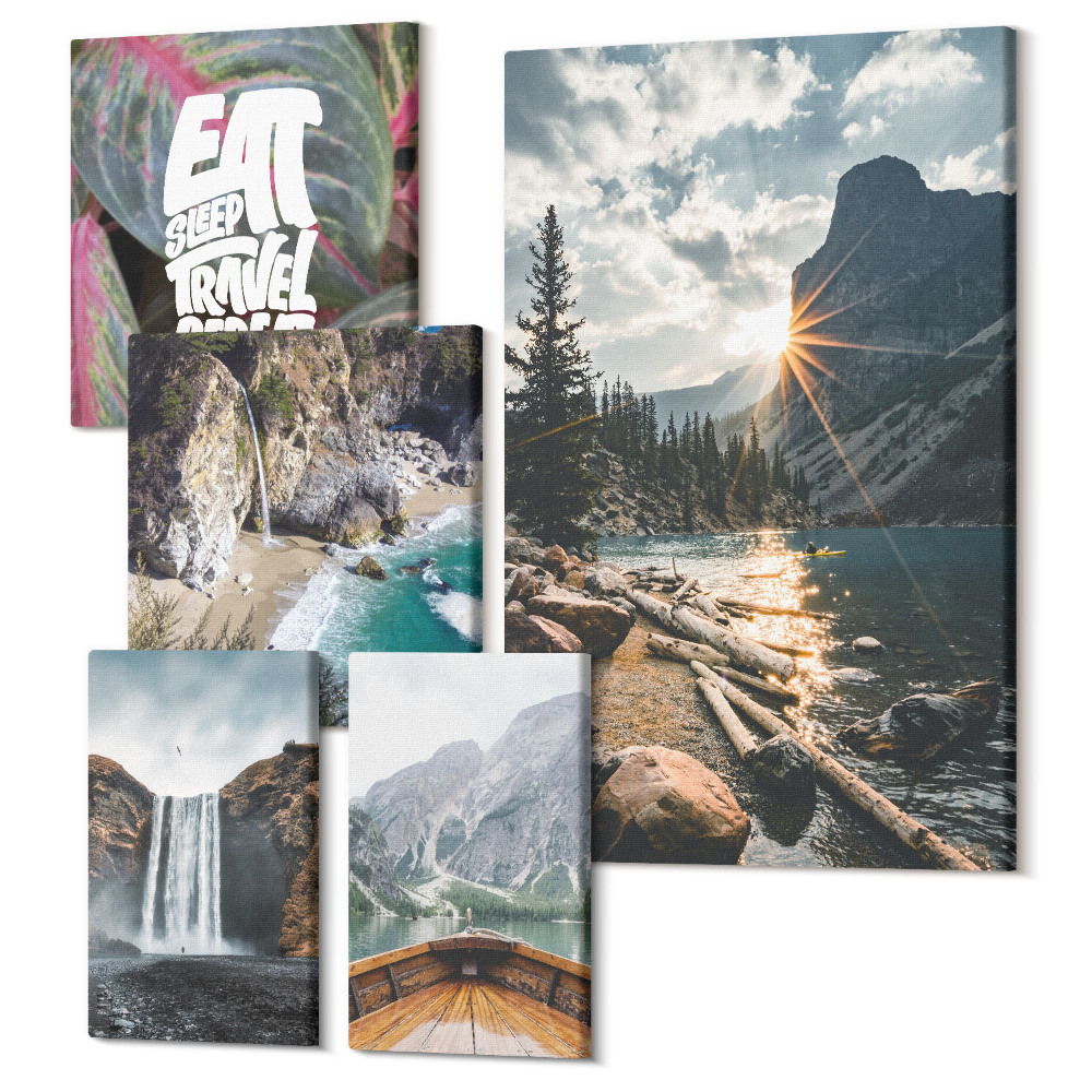 Sada obrazů na zeď pentaptych Přírodní krajina s vodopády a výhledem na hory