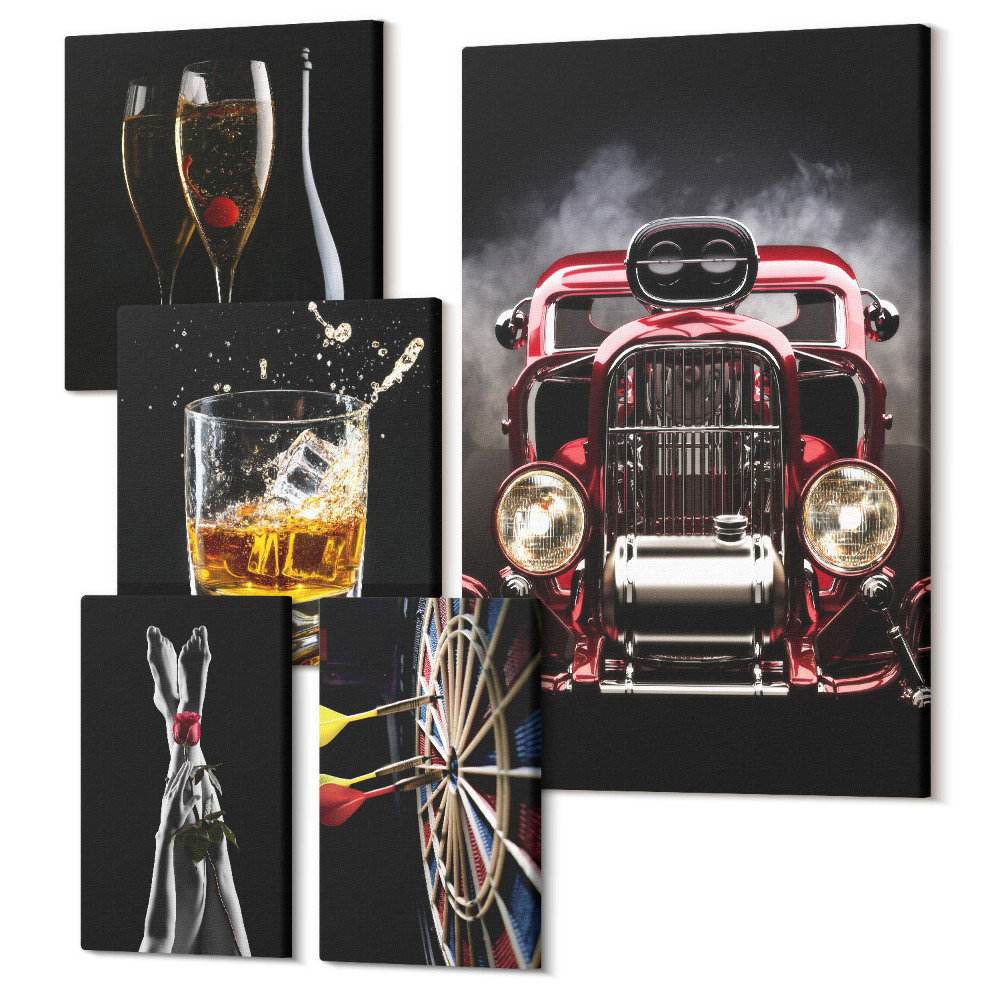 Sada 5 obrazů Stylové retro motivy s auty a nápoji