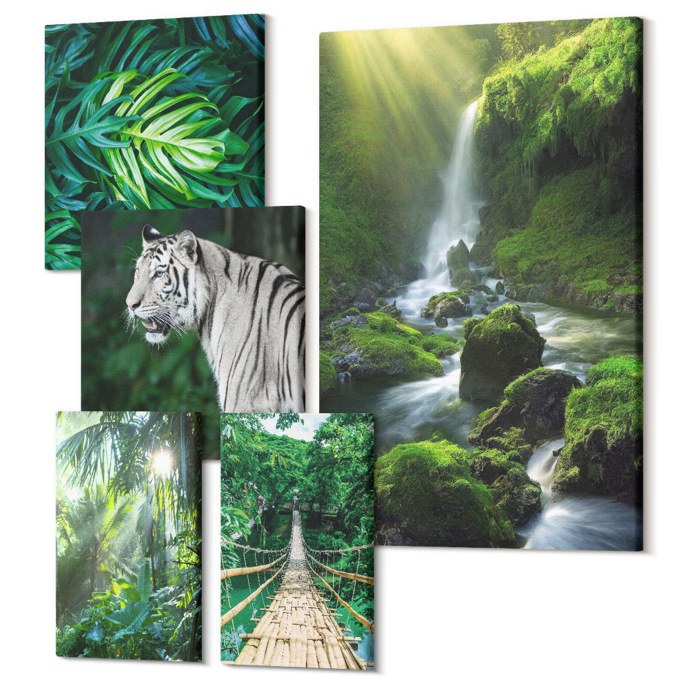 Sada obrazů pentaptych Tropické krajiny s divokou zvěří a zvířaty