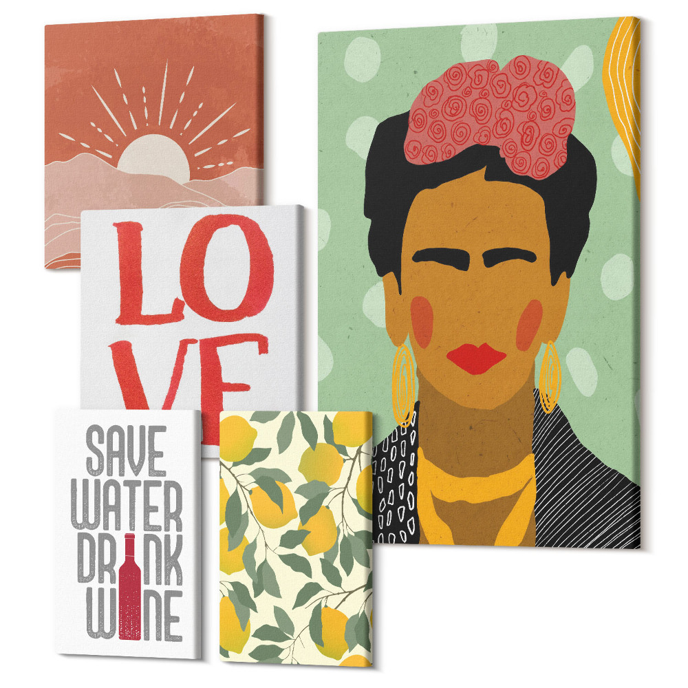 Sada 5 obrazů Boho styl s květinovým motivem a ženskou postavou