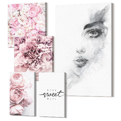 Sada 5 obrazů Květinové akcenty s portrétem a nápisem o domě