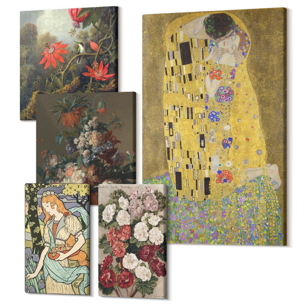 Sada obrazů pentaptych Květinové kompozice a romantické scény v umění