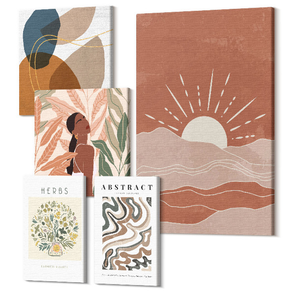 Sada obrazů na zeď pentaptych Boho styl s rostlinnými motivy a abstraktními vzory