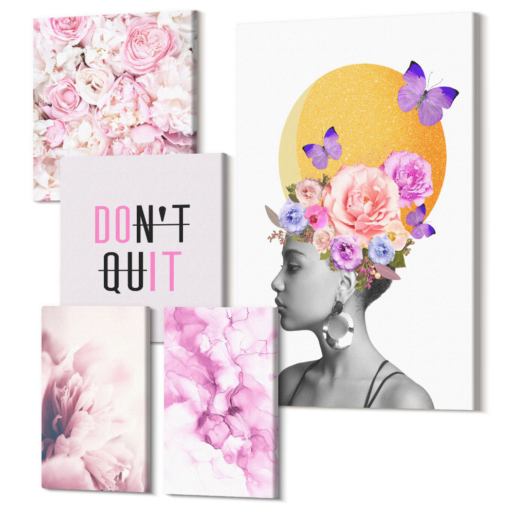 Sada 5 obrazů Květinové motivy se ženou a inspirativní slogany