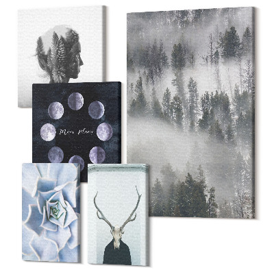 Sada obrazů pentaptych Přírodní lesní motivy a vesmírné jevy