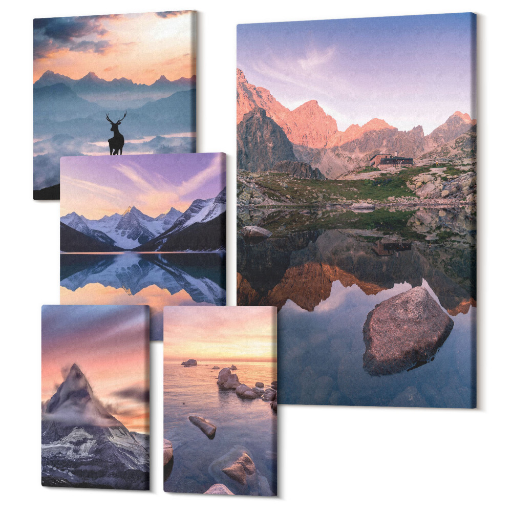 Sada 5 obrazů Horské krajiny se západy slunce a odrazy vody