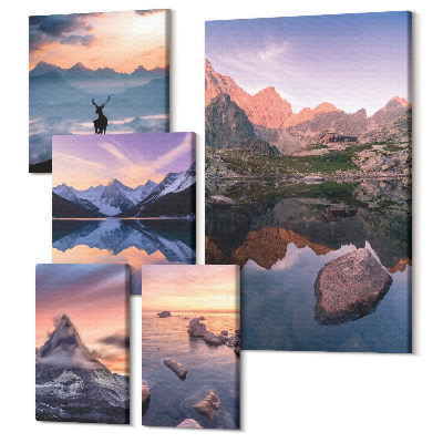 Sada 5 obrazů Horské krajiny se západy slunce a odrazy vody