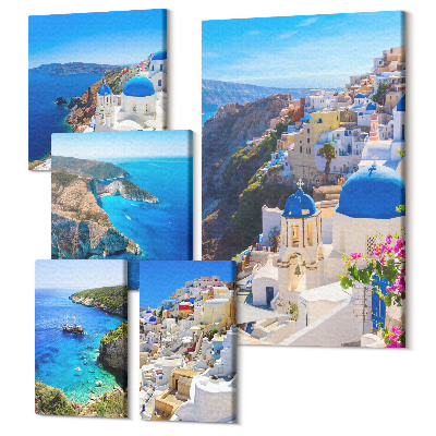 Sada obrazů na zeď pentaptych Výhled na řecké ostrovy s modrou kupolí