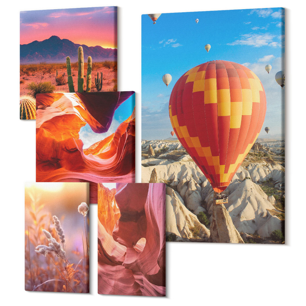 Sada 5 obrazů Pouštní krajiny s balónky a skalními útvary
