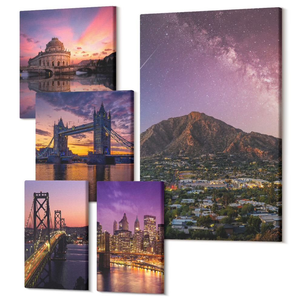 Sada obrazů na zeď pentaptych Krajiny měst a hor v noci s krásnými výhledy