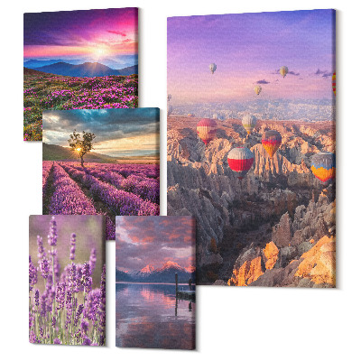 Sada 5 obrazů Krajiny s levandulí a horkovzdušnými balóny