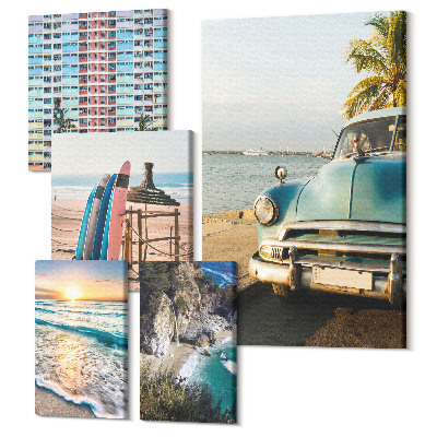 Sada obrazů pentaptych Stylová plážová krajina s auty a surfováním