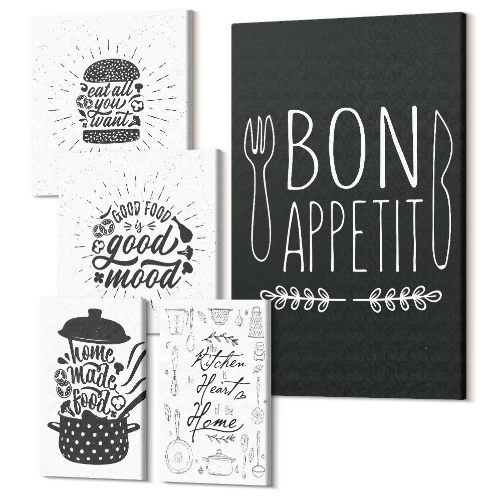Sada obrazů na zeď pentaptych Kuchyňské inspirace se slogany o jídle a vaření