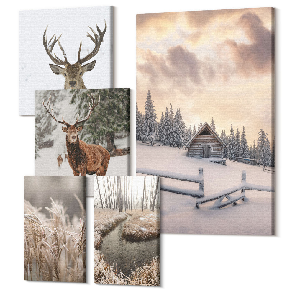 Sada obrazů na zeď pentaptych Zimní krajina s jeleny a idylická chaloupka v lese