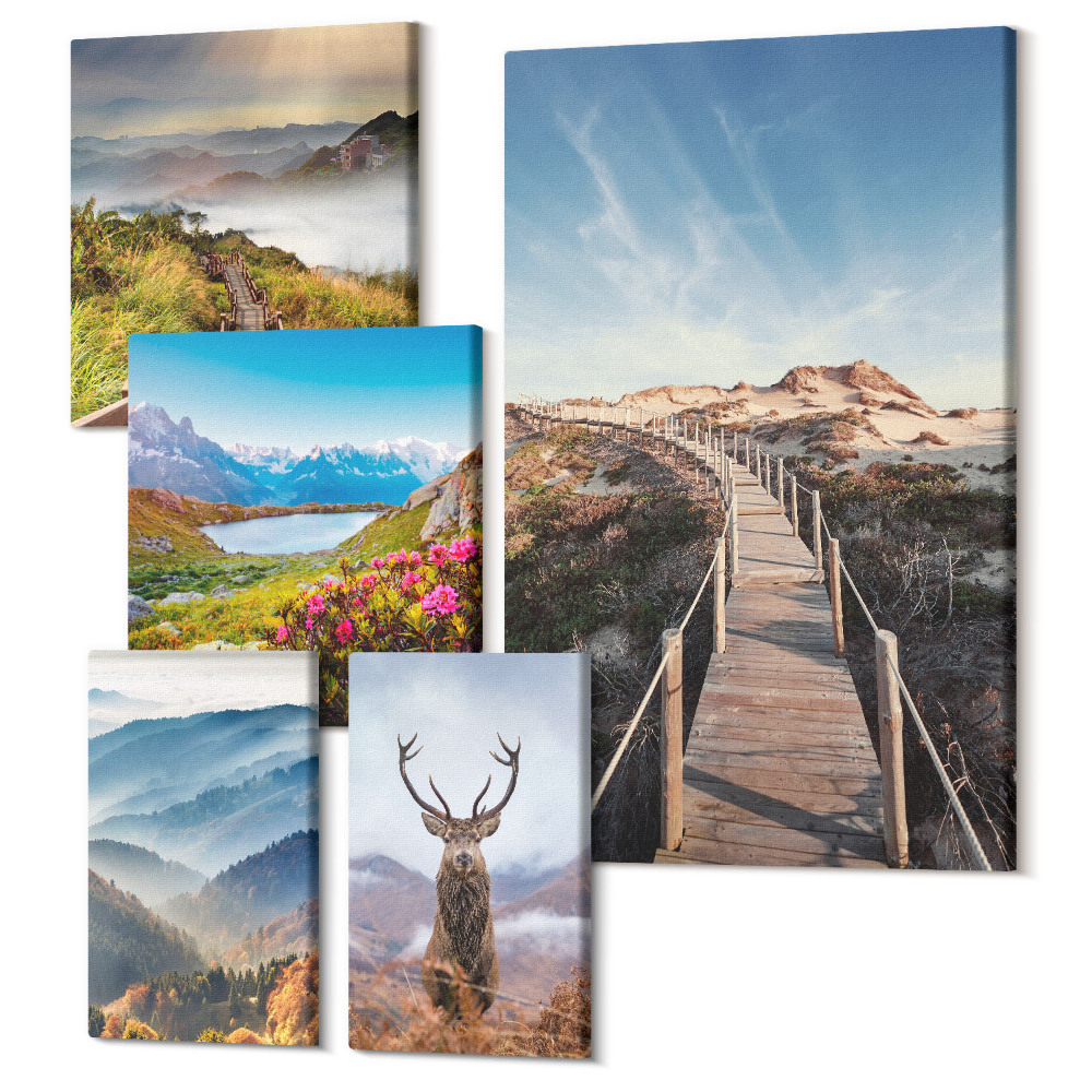 Sada obrazů pentaptych Přírodní horské a lesní krajiny s divokou zvěří