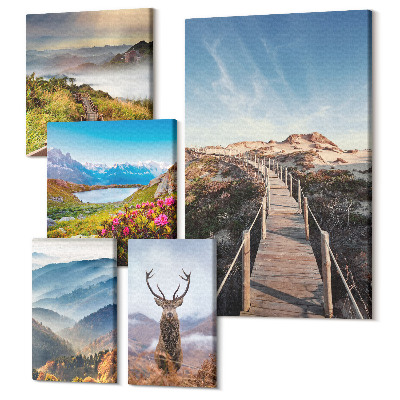 Sada obrazů pentaptych Přírodní horské a lesní krajiny s divokou zvěří