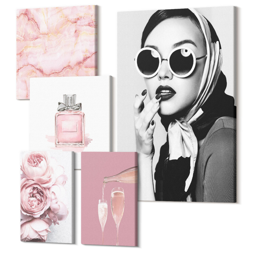 Sada 5 obrazů Stylové akcenty v odstínech růžové a elegance