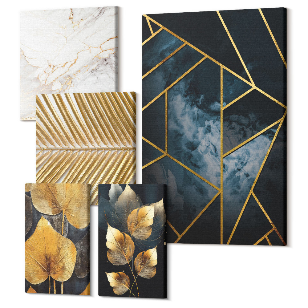 Sada 5 obrazů Stylové dekorace s motivy listů a geometrickými vzory