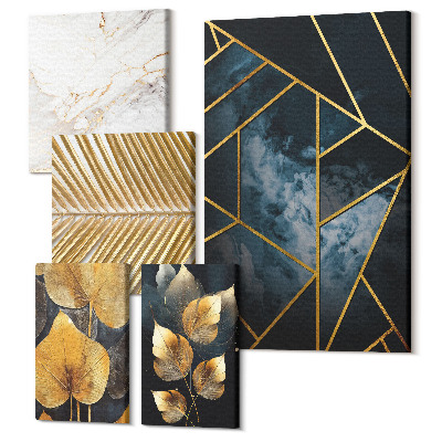Sada 5 obrazů Stylové dekorace s motivy listů a geometrickými vzory