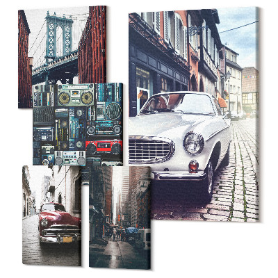 Sada obrazů pentaptych Stylová auta a městská pouliční architektura