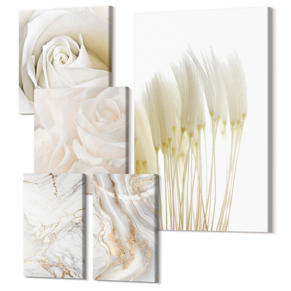 Sada 5 obrazů Elegantní bílé růže a mramorové dekorativní akcenty