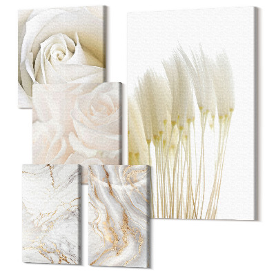 Sada 5 obrazů Elegantní bílé růže a mramorové dekorativní akcenty