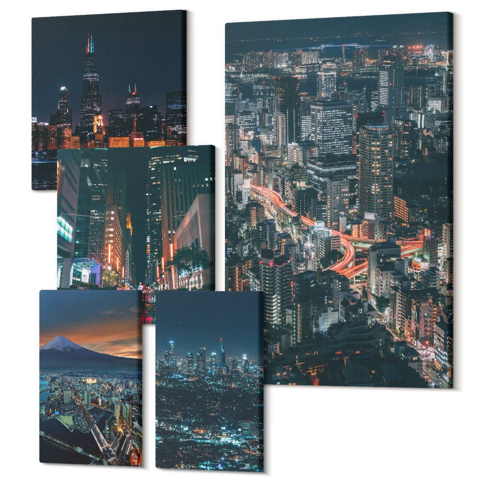 Sada obrazů pentaptych Noční pohledy na moderní města a jejich architekturu