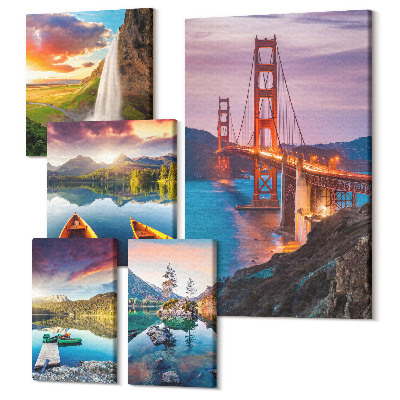 Sada obrazů pentaptych Přírodní krajiny a architektura mostů v USA