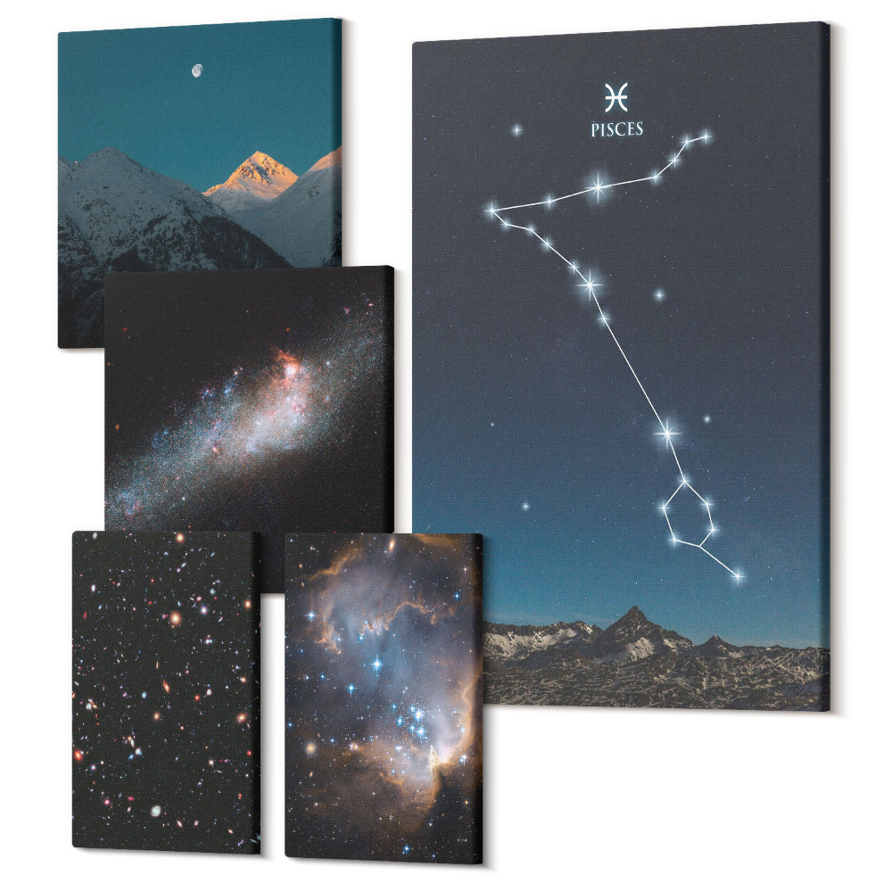 Sada obrazů na zeď pentaptych Vesmírné krajiny a hvězdná souhvězdí v moderním stylu